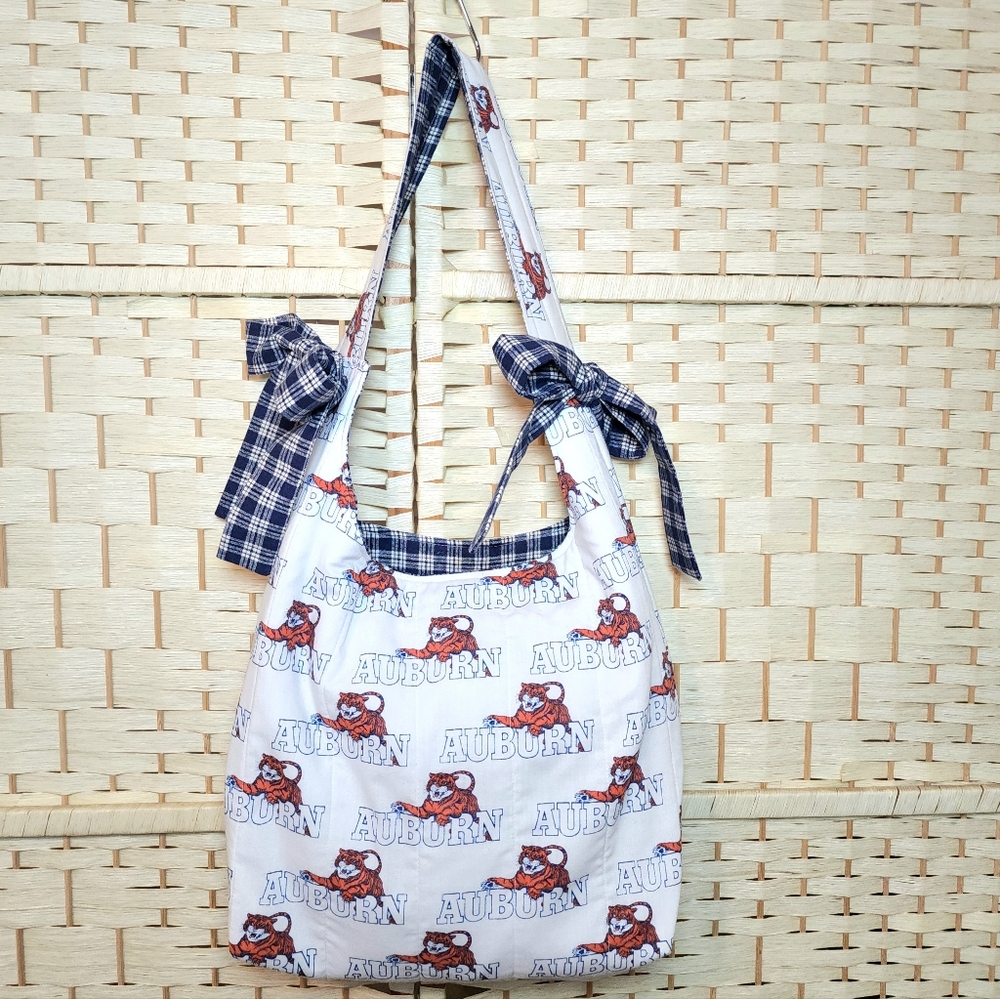 Handmade Quilted Auburn University Tote Bag With Side Bows Vintage Fabric Lined